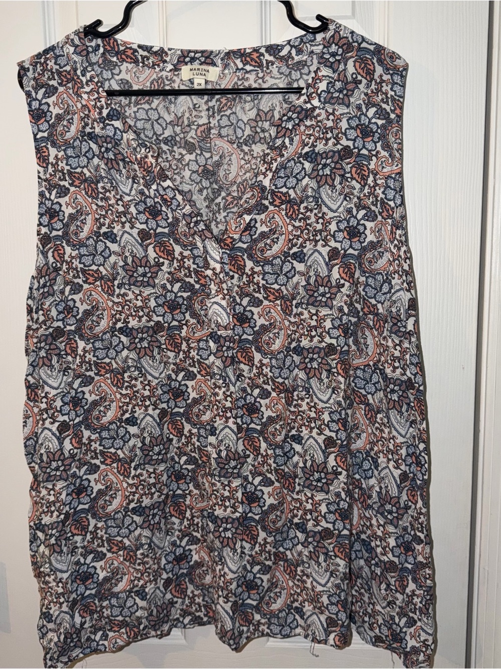 Marina Luna Paisley V-Neck Sleeveless Top in Blue & Brown| 2X